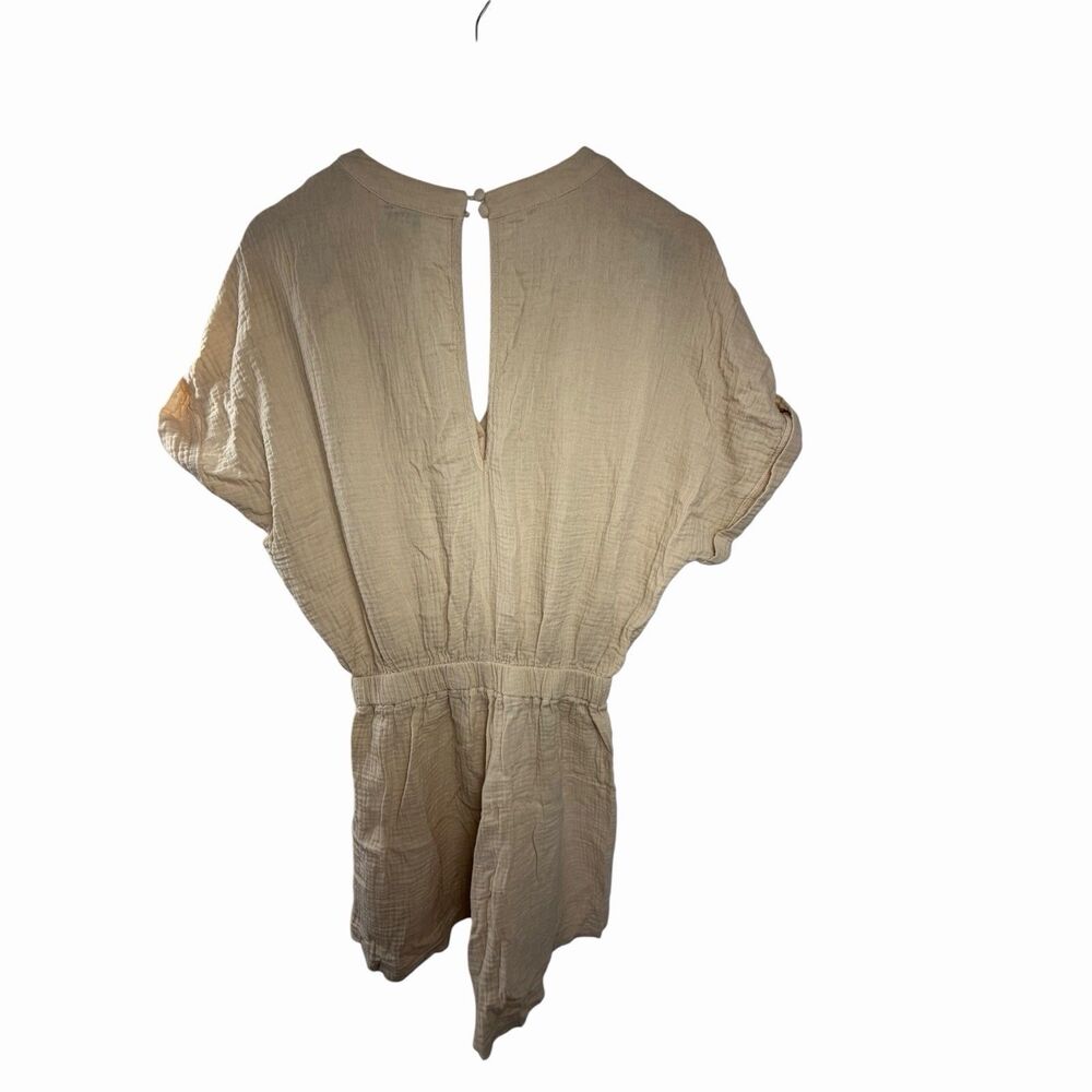 Cupshe Women’s Beige Gauze Romper V-Neck Drawstring Waist Short Sleeve Casual - Picture 9 of 14